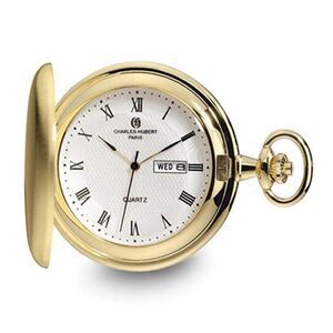 Charles Hubert Gold Finish Satin White Dial Day/Date Pocket Watch